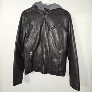 Guess  Womens Size XS Detachable Hoodie Full Zip Brown Faux Leather Moto Jacket